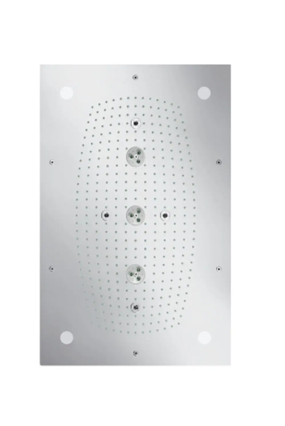 Kopfbrause mit Chrom-Oberfläche und mehreren Wasserstrahloptionen, ausgestattet mit integrierter Beleuchtung von Hansgrohe, zur Deckenmontage geeignet.